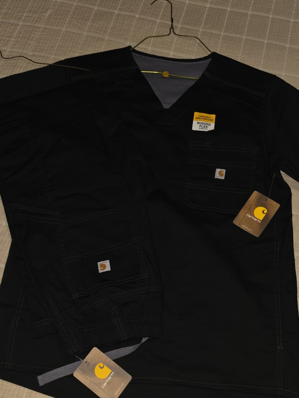 Carhartt Black Work Scrub Top & Pants Set with Yellow Logo Tabs